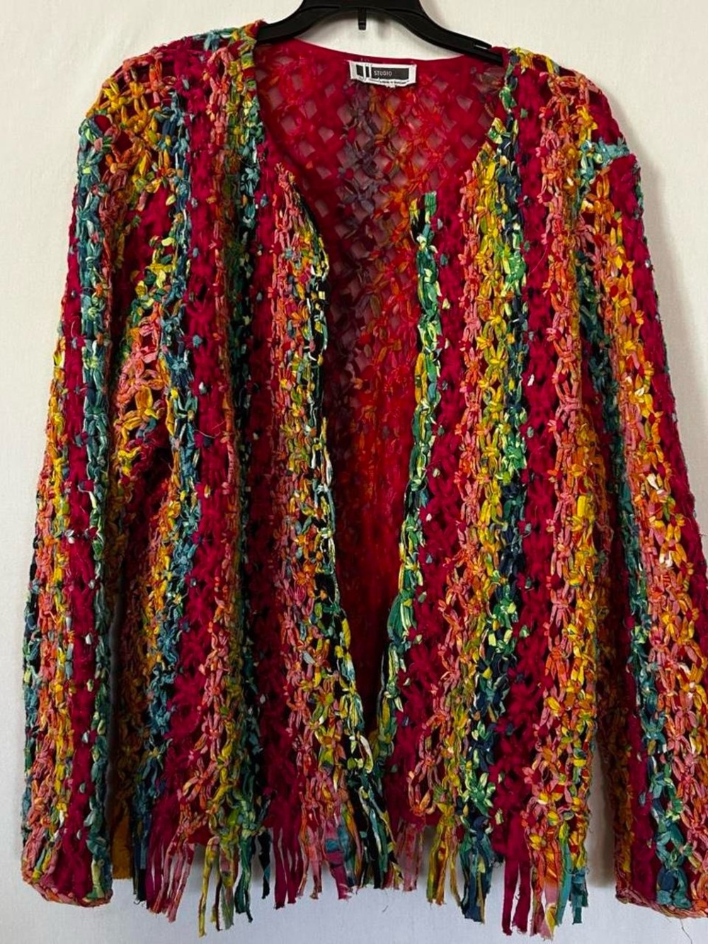 Multicolor Open-Knit Fringe Women's Cardigan Sweater size large - Picture 5 of 8